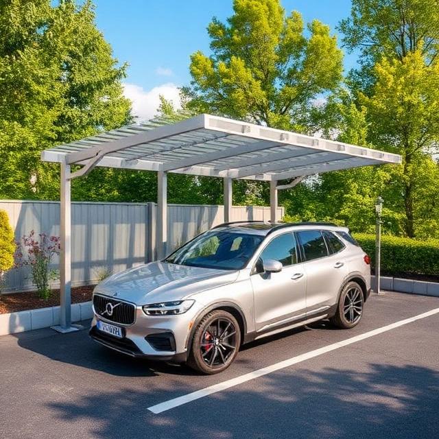 Modern silver aluminum carport providing outdoor shading for a luxury SUV, showcasing versatile design ideas for pergolas, terrace systems, and balcony systems in a residential driveway.