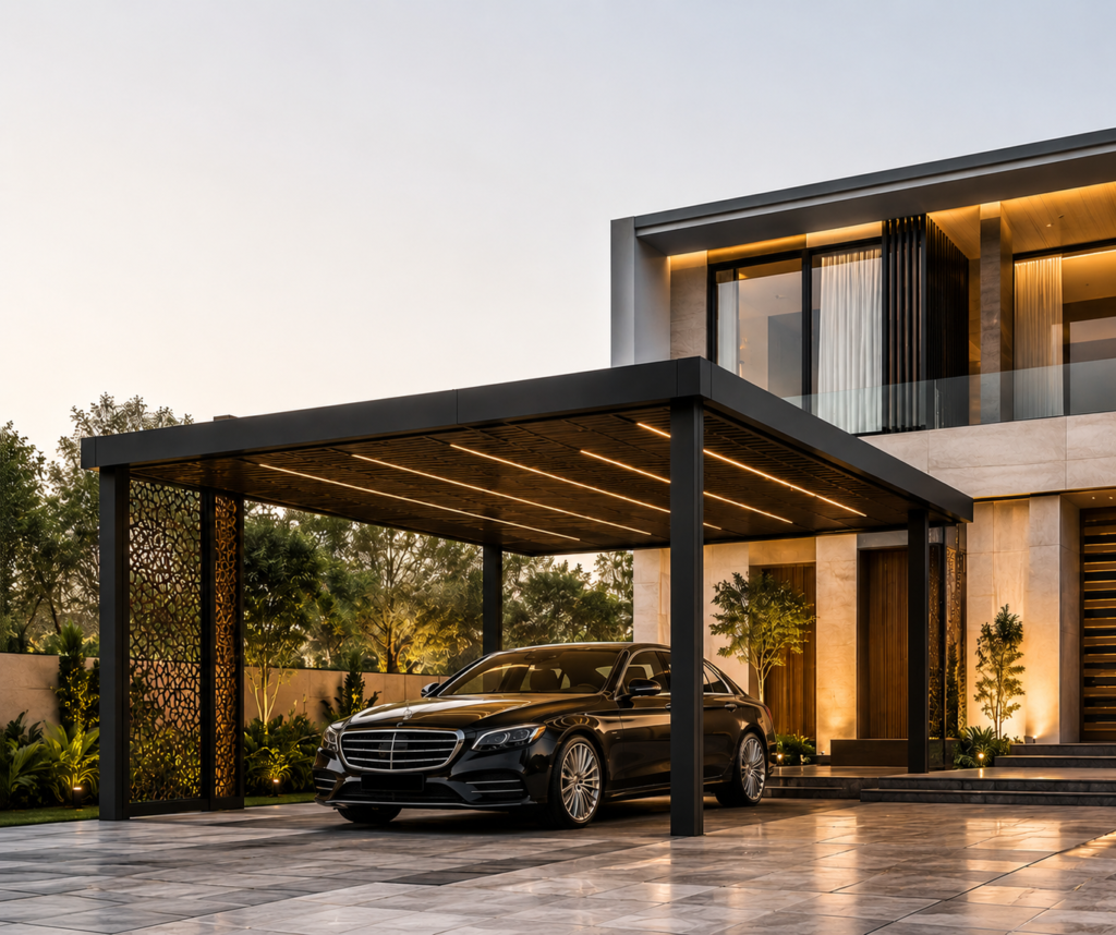 Modern black carport structure providing outdoor shading for a luxury car, integrated seamlessly with contemporary villa architecture featuring balcony systems, terrace systems, and stylish pergolas.