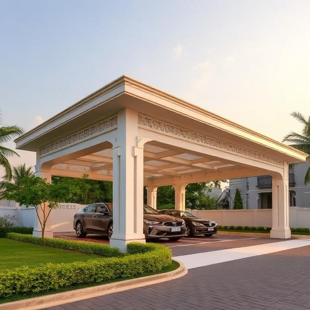 Elegant white classical style carport structure providing outdoor shading for cars in a luxury villa driveway, featuring architectural design elements common in premium pergolas, terrace systems, and balcony systems.