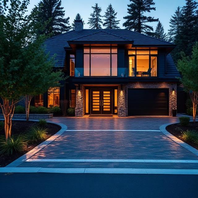 Modern luxury house exterior with illuminated glass balcony systems and a paved driveway, perfectly matching premium design aesthetics for pergolas, carports, terrace systems, and outdoor shading.